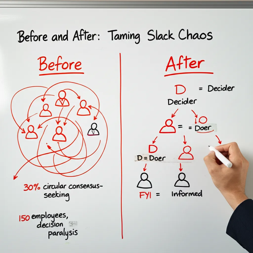 Before and After: Taming Slack Chaos - showing transformation from 30% circular consensus-seeking to clear DDF (Decider, Doer, FYI) framework