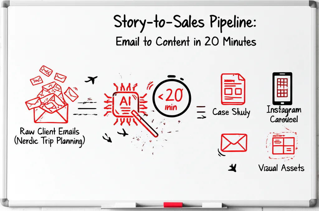 Story-to-Sales Pipeline: Email to Content in 20 Minutes - showing raw client emails transforming into case studies, Instagram carousels, and visual assets