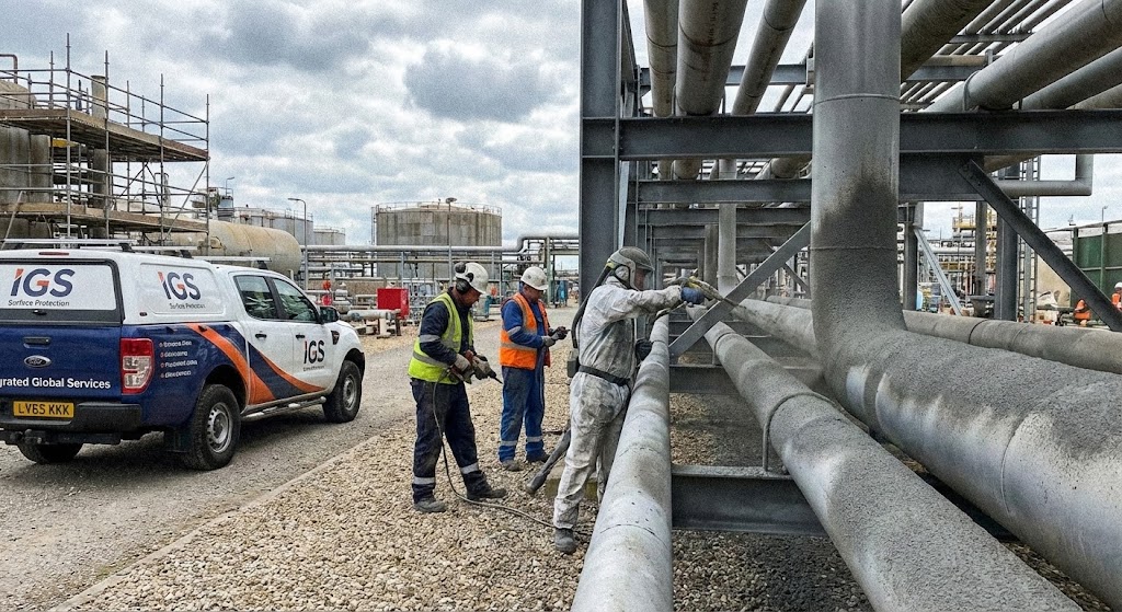 Industrial surface protection work - field technician applying protective coating to mission-critical equipment