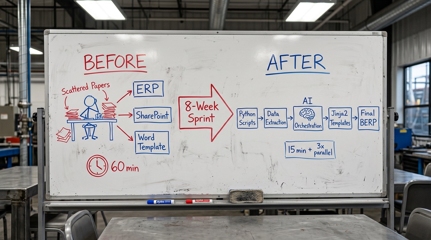 Whiteboard diagram showing the before and after architecture: manual ERP-to-Word process on the left, hybrid Python plus AI orchestration pipeline on the right, connected by an 8-week sprint arrow