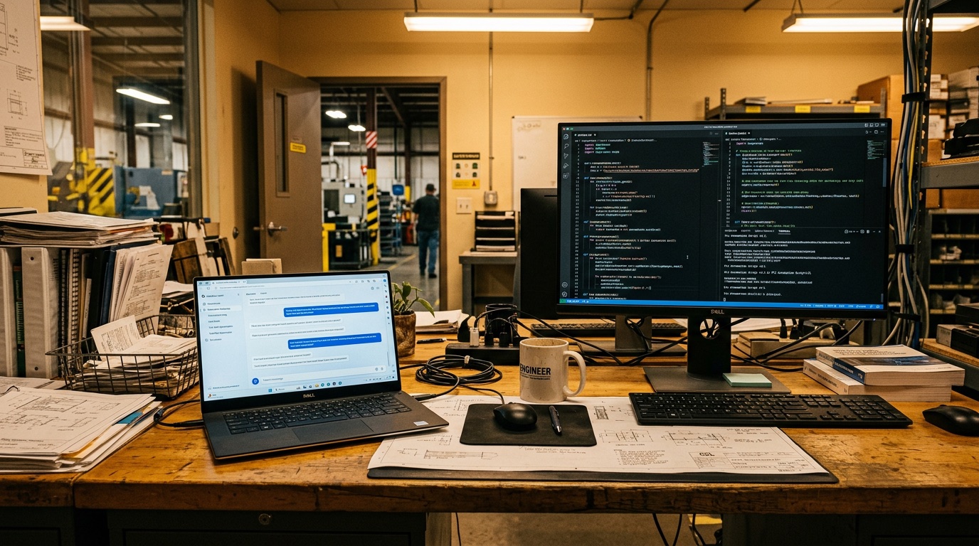 Workstation showing the technology transition: laptop with AI chat interface on the left representing the desktop copilot approach, and a monitor with terminal and Python code on the right representing the hybrid architecture
