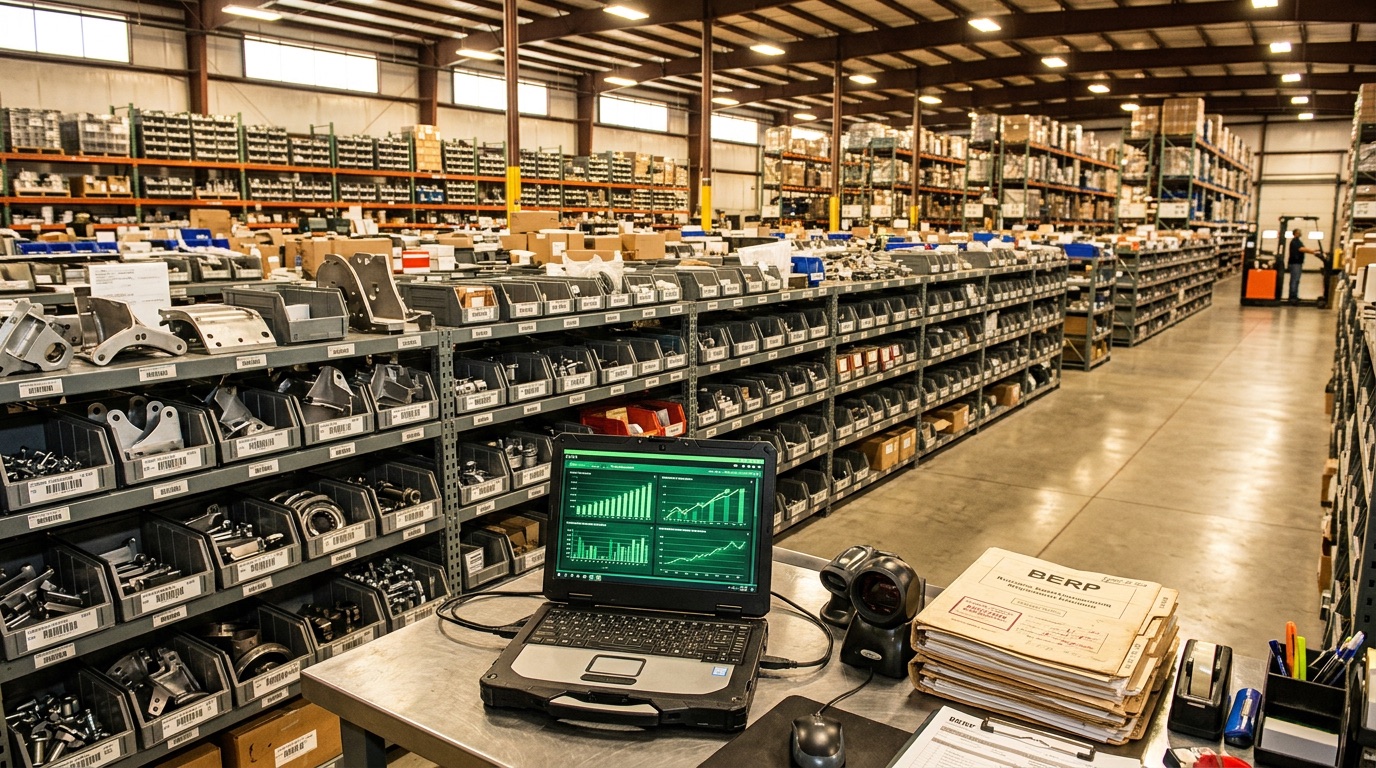 Aerospace parts distribution warehouse with organized shelving bins of precision components