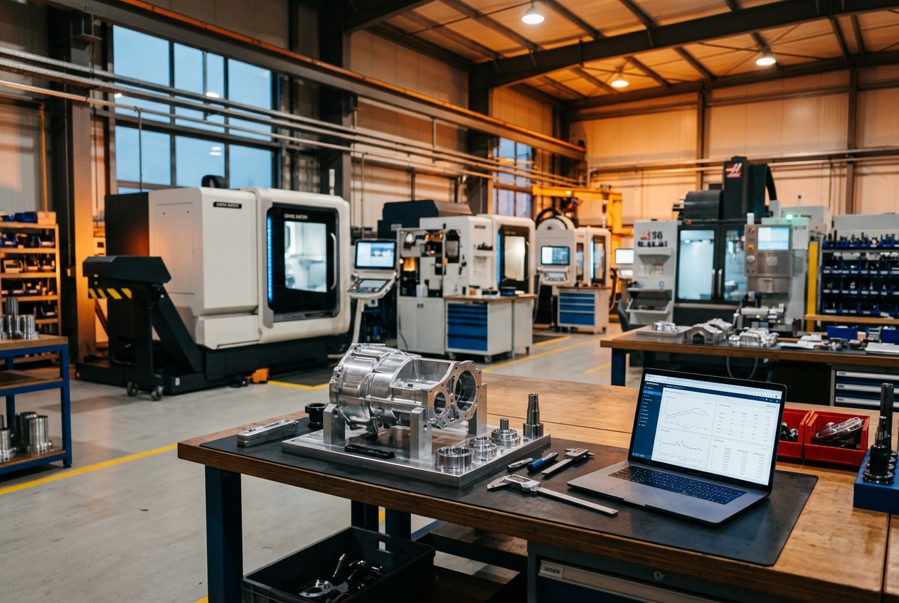 Modern CNC manufacturing facility with precision aerospace parts and data analytics on a laptop