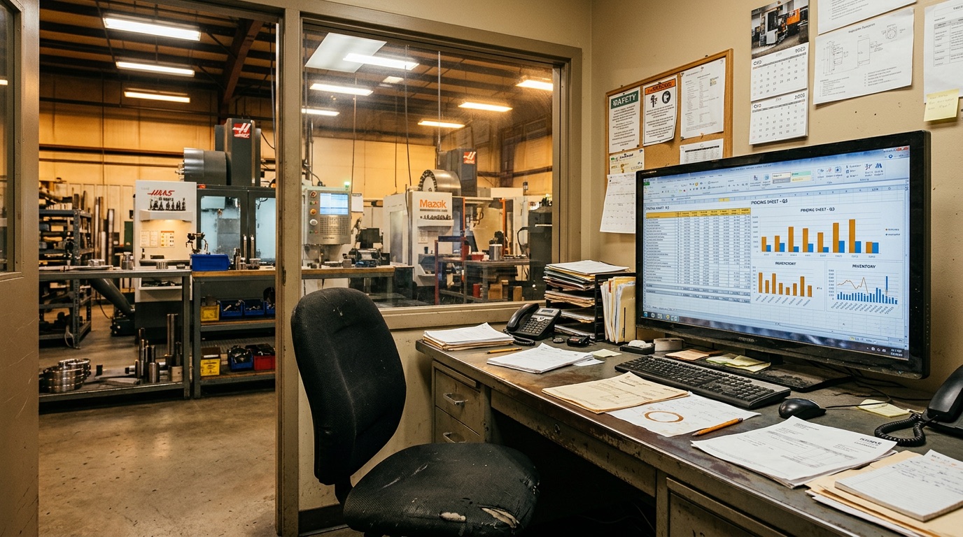 Manufacturing shop manager's office with monitor showing pricing data and shop floor visible through glass partition
