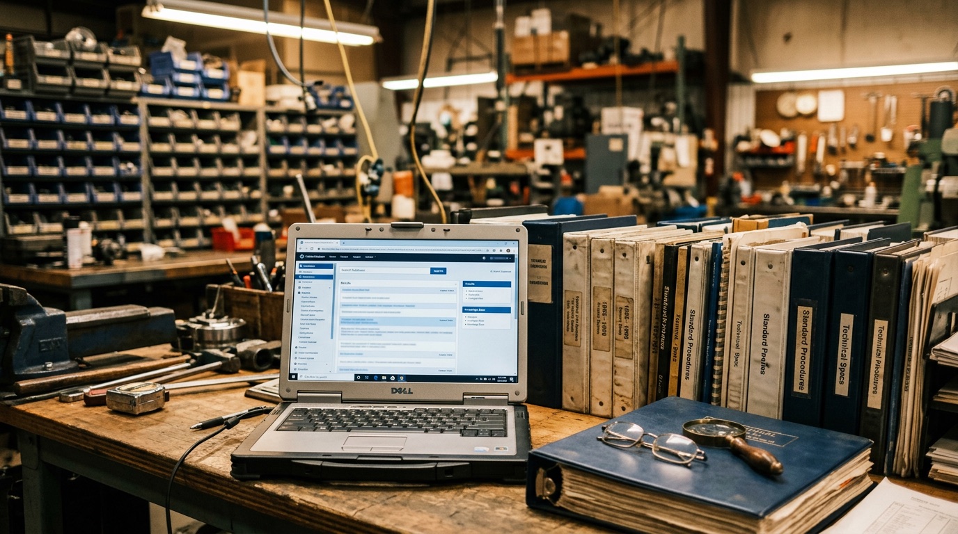 Laptop showing a searchable knowledge base alongside technical reference binders in a manufacturing workshop