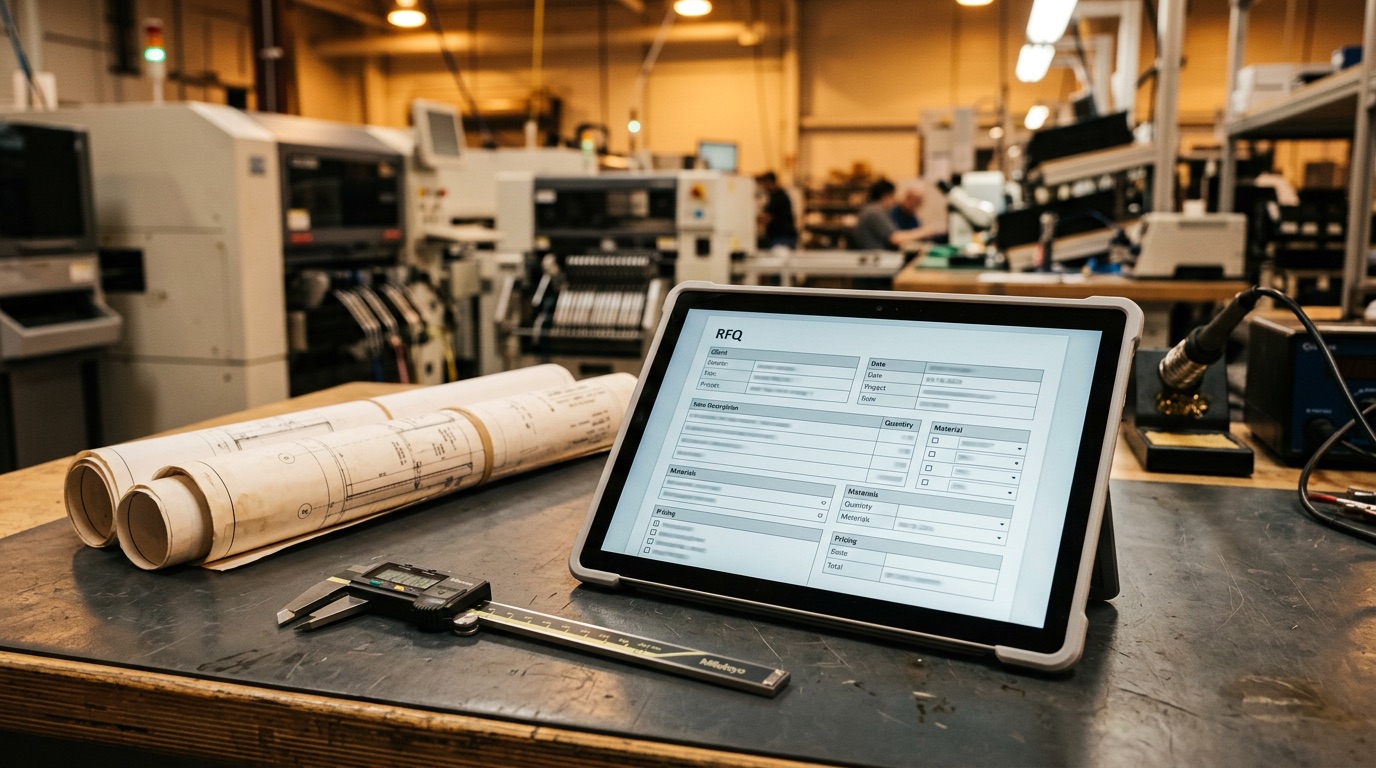 Tablet showing RFQ quote data on a manufacturing workbench with blueprints and calipers